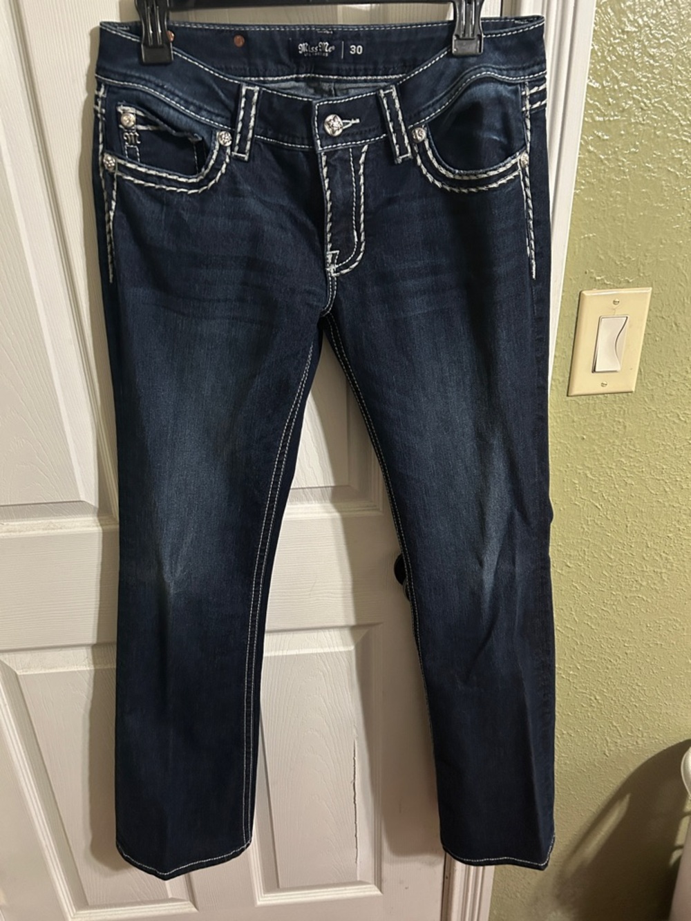 Miss Me Dark Blue Straight Leg Jeans with White Contrast Stitching